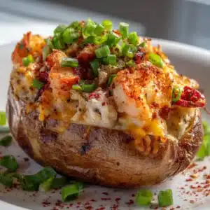 An overhead close-up of the creamy seafood stuffing for Cajun potatoes, packed with shrimp and crab in a bowl.