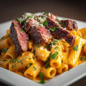 A hearty serving of creamy Cajun steak pasta with rigatoni in a rustic bowl, showing the rich texture of the sauce and tender steak pieces.