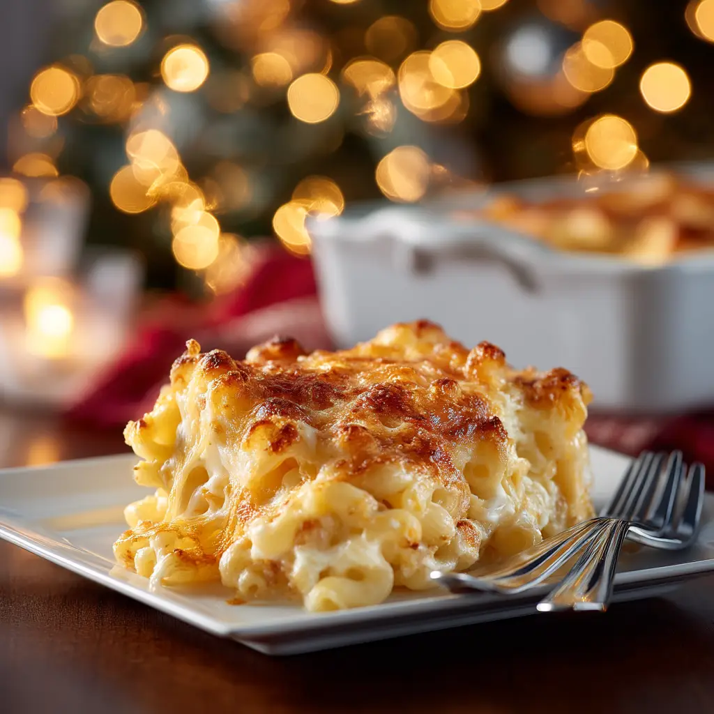 A close-up shot of the rich cheese sauce being mixed with elbow macaroni in a large pot before being baked.