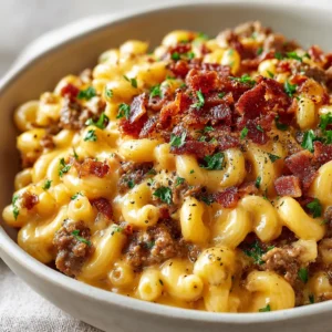 A close-up shot of the creamy cheese sauce coating the pasta and ground beef in the Bacon Cheeseburger Pasta skillet.