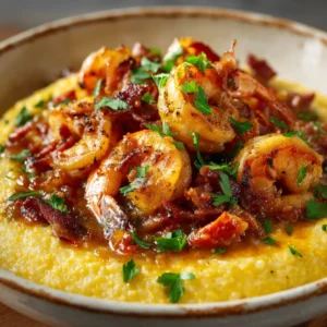 An extreme close-up of cheesy grits in a rustic white bowl, showing their creamy texture before the shrimp is added.