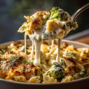 A close-up macro shot of the baked chicken alfredo pasta, showing the creamy sauce coating the penne, chicken, and broccoli.
