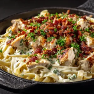A close-up shot of the creamy ranch sauce coating the pasta, chicken, and bacon in this easy chicken bacon ranch pasta recipe.