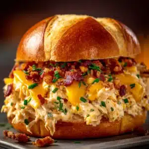 An extreme close-up of a creamy chicken bacon ranch sandwich showing the texture of the shredded chicken and melted cheese.