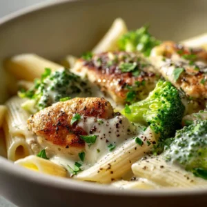 An extreme close-up shot of creamy chicken broccoli penne pasta. You can see the texture of the creamy sauce coating a piece of penne and a broccoli floret.