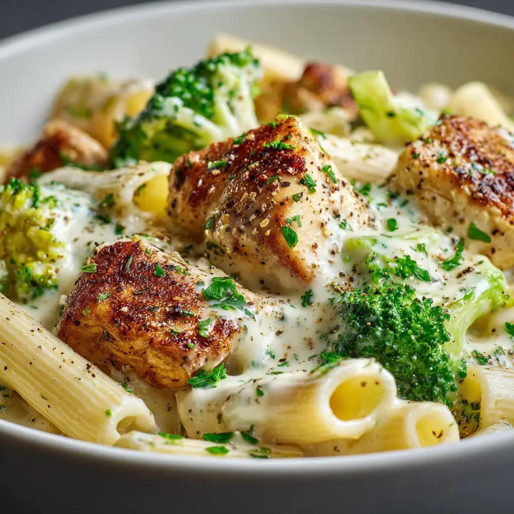 A fork lifting a bite of creamy chicken broccoli penne from a bowl. The focus is on the pasta, chicken, and broccoli on the fork, ready to be eaten.
