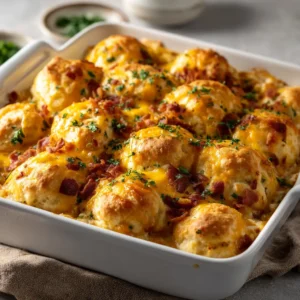 The creamy chicken and vegetable filling for the chicken biscuit casserole in a baking dish before being topped with biscuits.