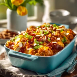 A close-up scoop of the creamy chicken casserole on a spatula, revealing the tender chicken and mushroom filling.