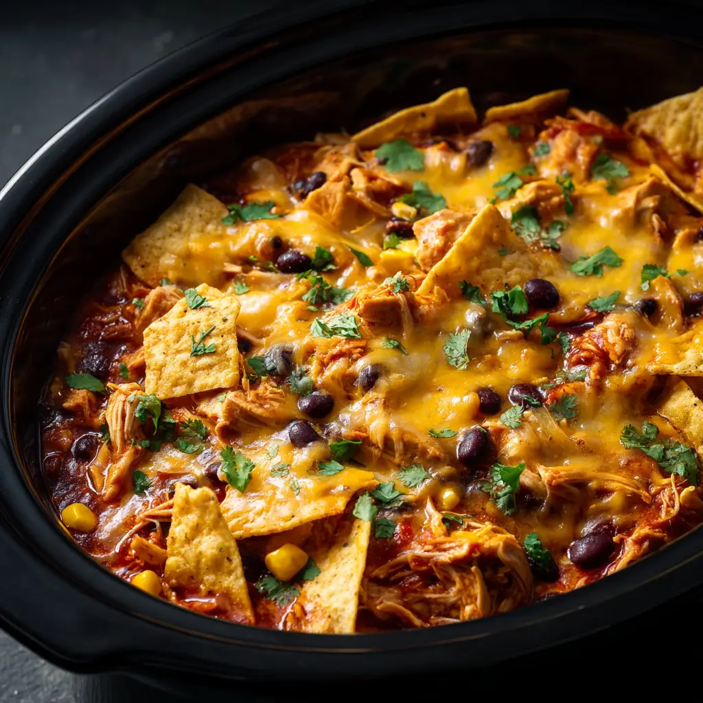 A serving of creamy chicken casserole with enchilada flavors on a plate, garnished with fresh cilantro and a dollop of sour cream.