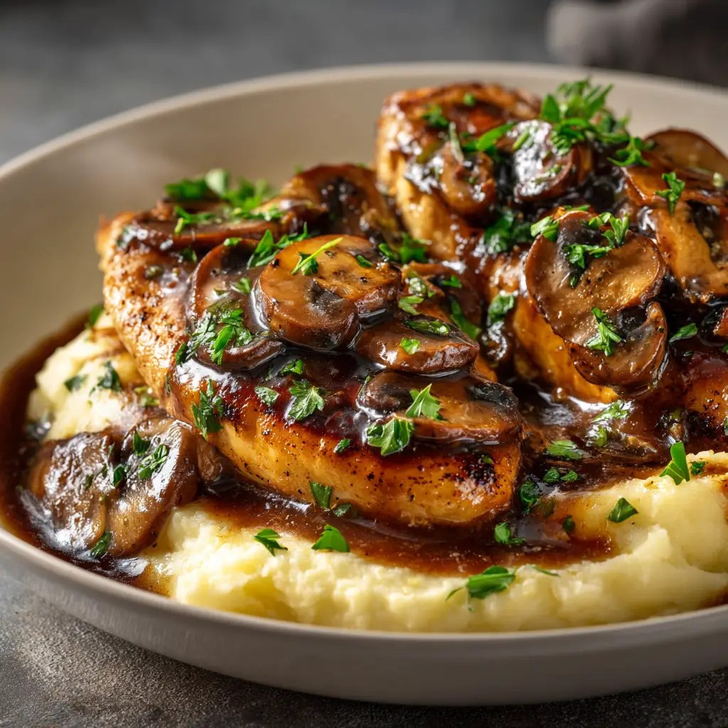 Chicken Marsala Recipe (The Best, Easiest Method) 2 A close-up of golden-brown chicken cutlets simmering in a creamy marsala sauce with sliced cremini mushrooms.