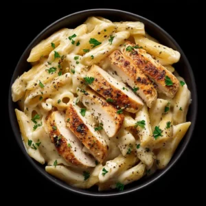 An overhead view of creamy chicken bacon ranch pasta in a skillet. The cheesy sauce coats every piece of penne pasta.