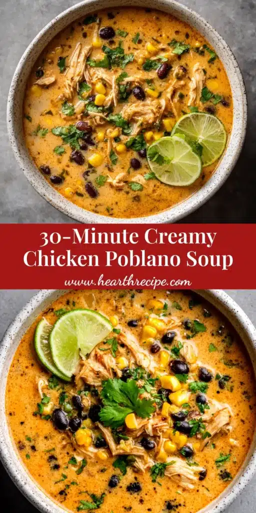 A vibrant overhead shot of creamy Chicken Poblano Soup in a white bowl, garnished with fresh cilantro, corn, and tortilla strips. The perfect pin to showcase this easy recipe.