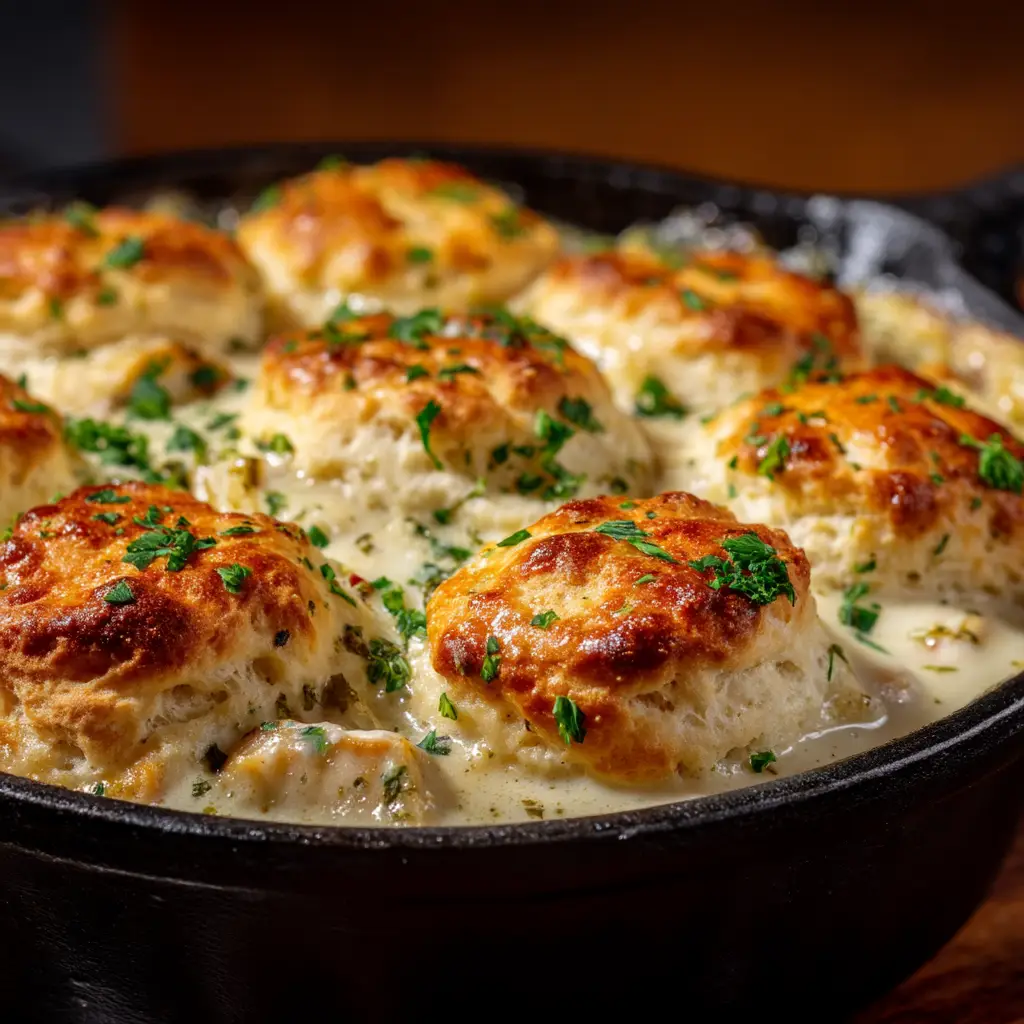 Red Lobster Biscuit Chicken Pot Pie: The Ultimate Comfort Meal 2 A close-up view of the creamy chicken pot pie filling with peas, carrots, and chunks of chicken before the biscuit topping is added.