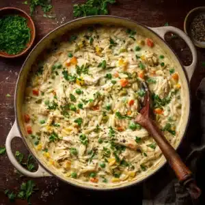 An overhead view of the creamy chicken pot pie orzo in a rustic Dutch oven, surrounded by fresh ingredients. This image showcases the one-pot nature of this easy dinner recipe.
