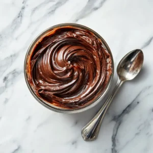 A glass bowl filled with rich, creamy chocolate buttercream, a type of chocolate cake filling, shot from overhead.