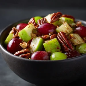 A close-up shot of the Cinnamon Apple Grape Salad, showing the texture of the creamy dressing coating the crisp apples and juicy grapes.