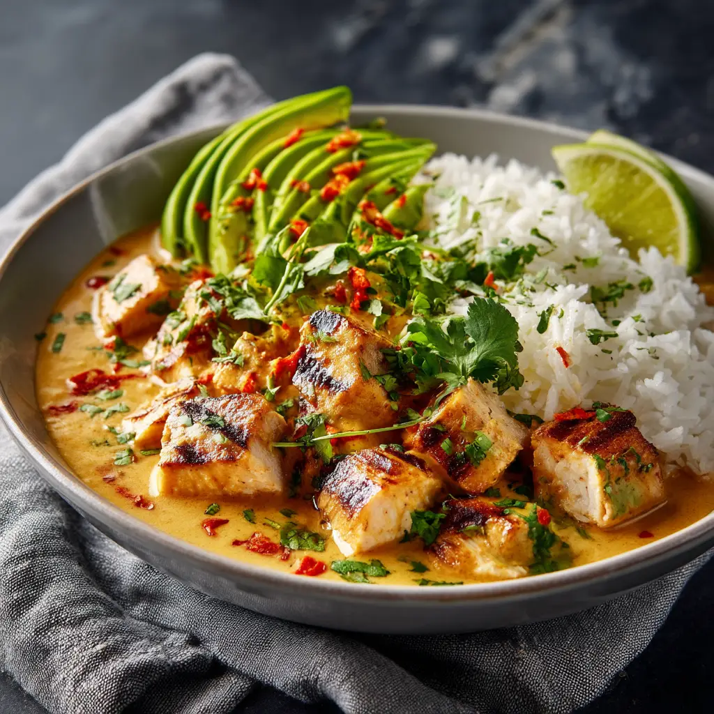 A close-up shot of the creamy coconut chicken served over rice, illustrating the rich texture of the sauce and the tender pieces of chicken.