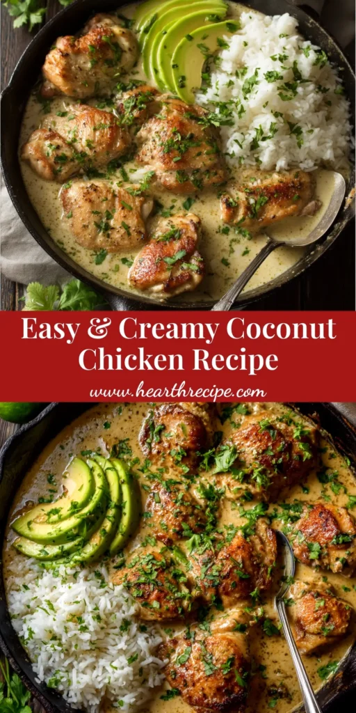 Coconut Chicken Recipe (Creamy & Easy 30-Minute Dinner) 3 An overhead shot of a creamy coconut chicken recipe in a skillet, garnished with fresh cilantro, ready to be served.