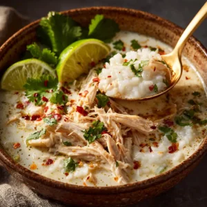 A close-up shot of a bowl filled with creamy coconut chicken and rice, highlighting the fluffy texture of the jasmine rice and tender chicken pieces.