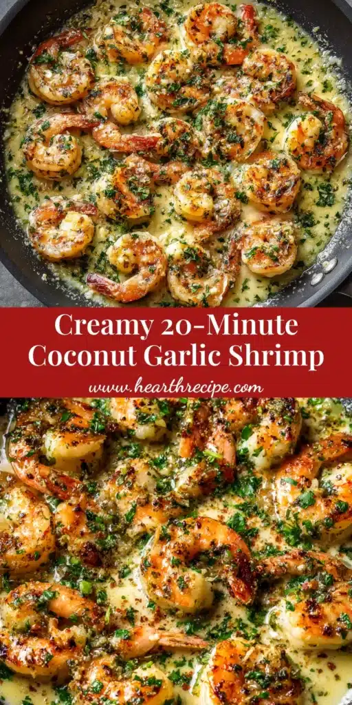 A stunning overhead shot of creamy coconut garlic shrimp in a skillet, garnished with fresh herbs. This easy shrimp recipe is perfect for a quick dinner.