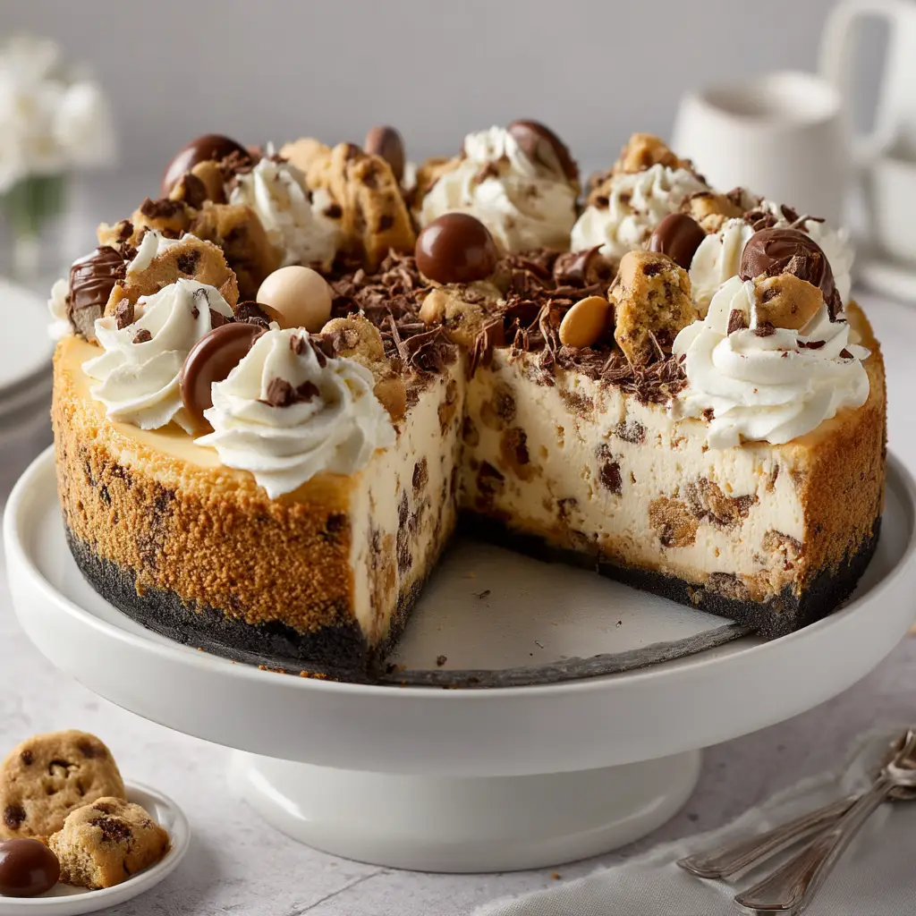 A close-up view of the creamy cheesecake filling and layers inside the cookie dough cheesecake. This image highlights the texture of the cheesecake and the graham cracker crust.