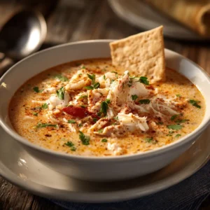 A close-up shot of the creamy crab stew, highlighting the large chunks of lump crab meat and the rich, velvety texture of the soup base.