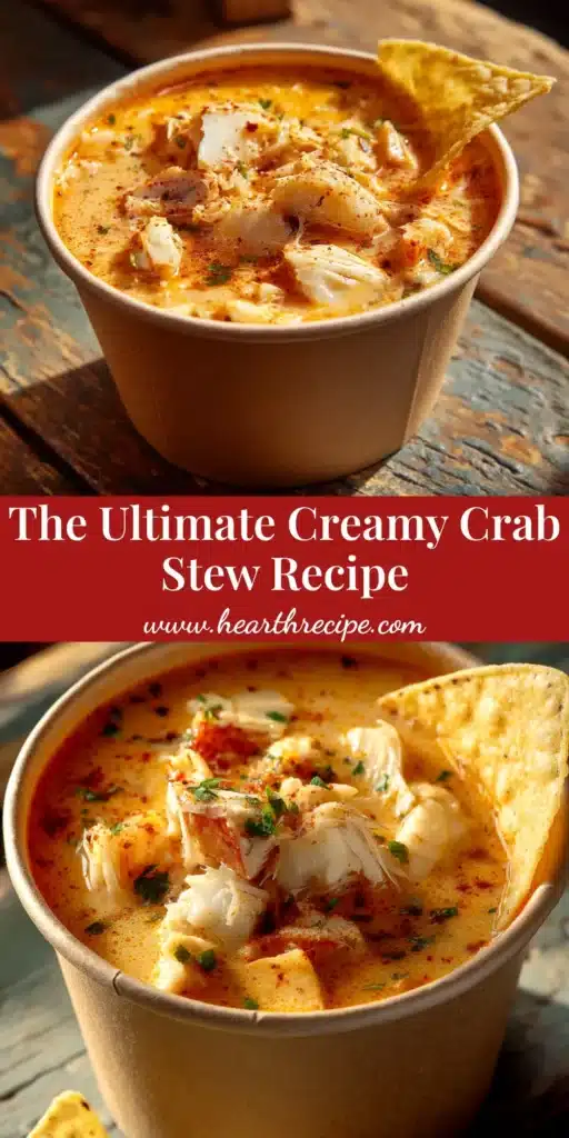 A top-down view of a rich and creamy crab stew recipe in a white bowl, garnished with fresh parsley and served with a side of crusty bread.