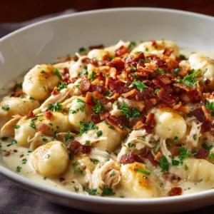 A close-up shot of the creamy Crack Chicken Gnocchi in a black skillet, showing the cheesy texture and tender chicken pieces.
