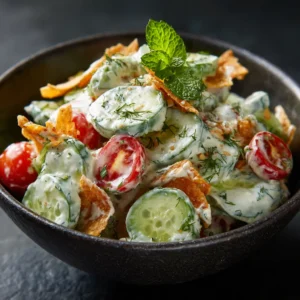 An extreme close-up shot of the creamy cucumber salad, showing the texture of the ranch dressing on the crisp cucumber slices.