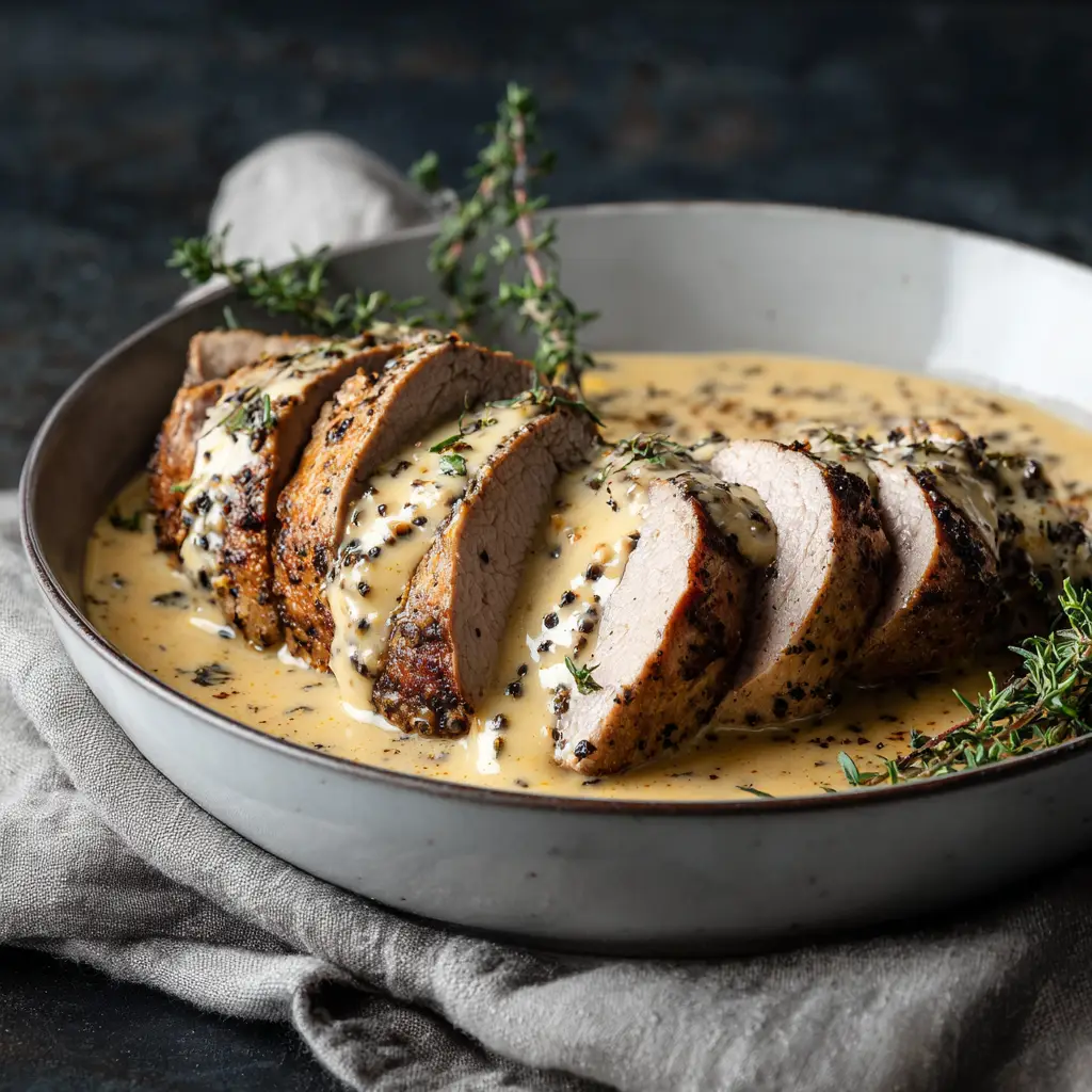 The creamy dijon sauce simmering in a skillet before the cooked pork tenderloin is added back in.