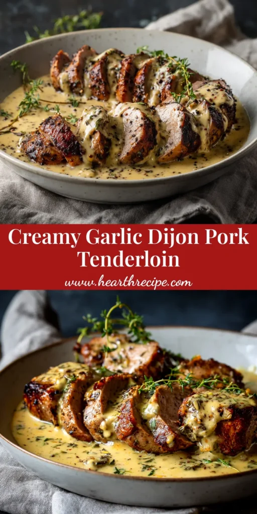A skillet of Creamy Dijon Pork Tenderloin, with golden-seared pork medallions in a rich cream sauce, garnished with fresh parsley.