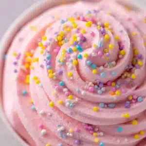 An overhead close-up shot of the creamy Easter dessert dip, showing its thick texture and festive pastel sprinkles.