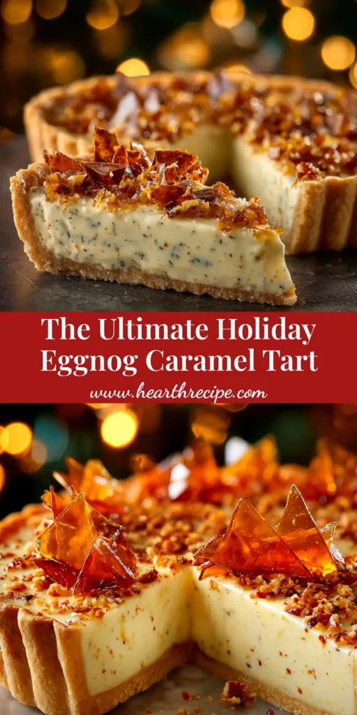 A beautiful overhead shot of a creamy Eggnog Tart with a slice taken out, revealing the silky filling and gingersnap crust.