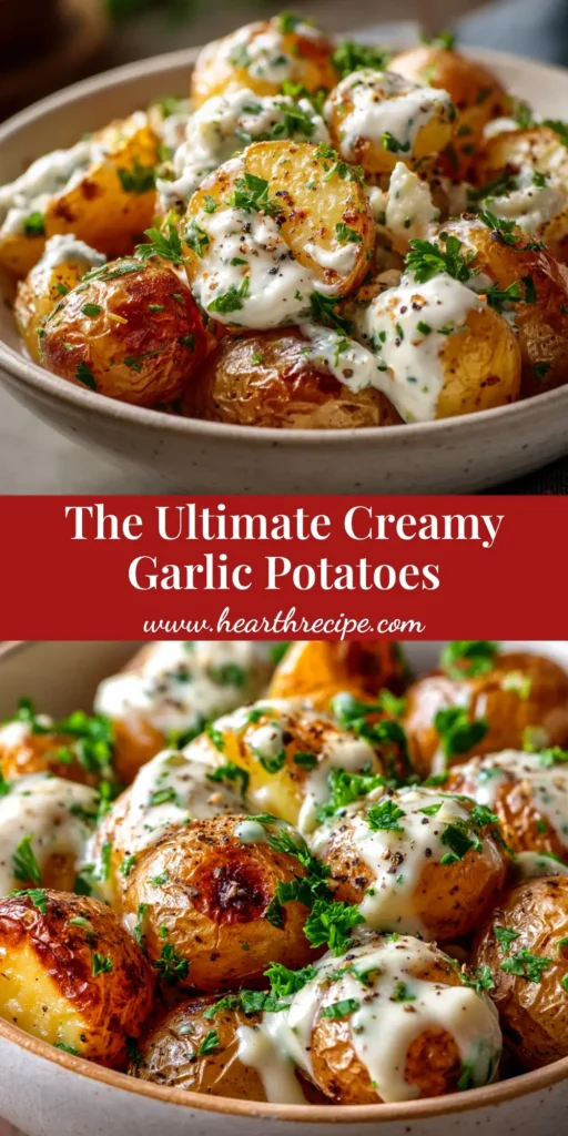 A stunning overhead shot of Creamy Garlic Baby Potatoes in a black cast-iron skillet, garnished with fresh parsley. The ultimate easy and elegant side dish recipe.