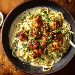 A close-up overhead shot of a skillet filled with creamy garlic pasta and tender pieces of chicken, ready to be served.