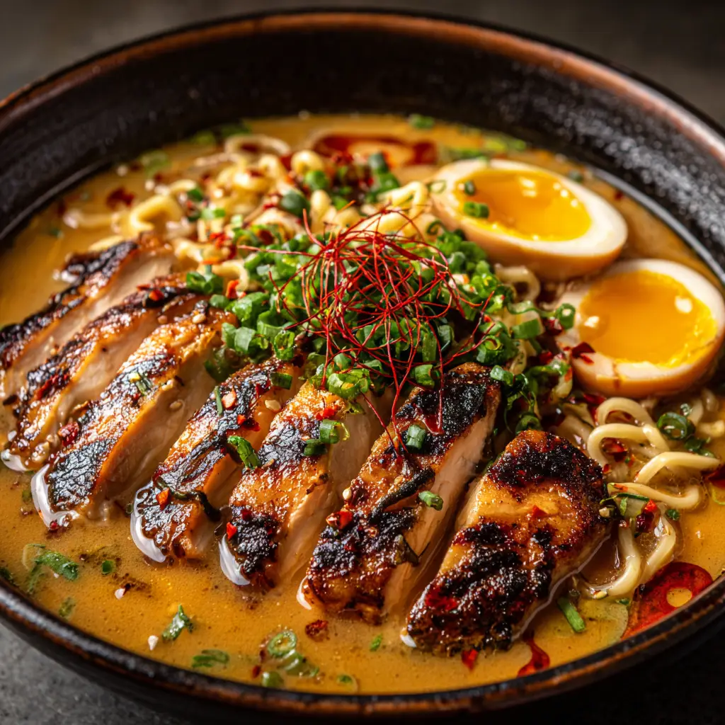 A steaming bowl of homemade chicken ramen, ready to be served, showcasing the final assembled dish.
