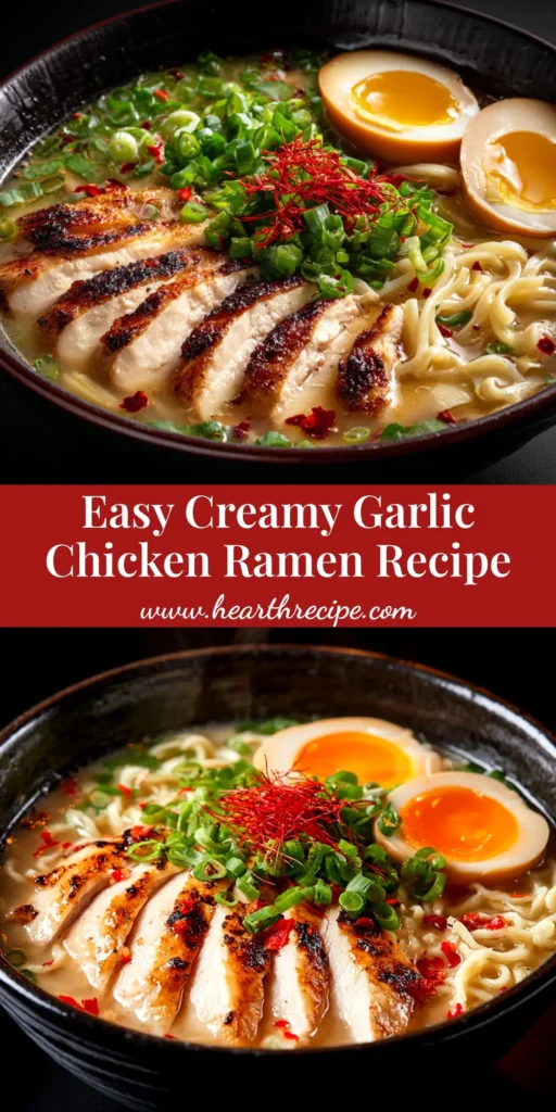 A beautiful top-down shot of a bowl of Creamy Garlic Chicken Ramen, garnished with green onions and a soft-boiled egg.