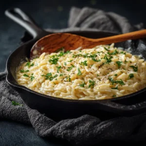 A close-up shot of creamy garlic parmesan orzo in a rustic white bowl, with a fork lifting a perfect bite. The texture of the creamy one-pot orzo is clearly visible.