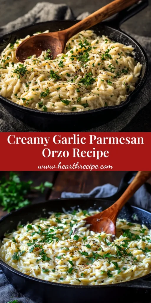 A top-down view of a white plate filled with creamy garlic parmesan orzo, garnished with fresh parsley. The title 'Creamy Garlic Parmesan Orzo' is overlaid in stylish text.