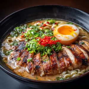 An extreme close-up of the creamy ramen broth, showing its rich texture with noodles and pieces of chicken.