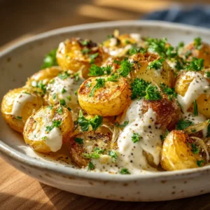 A close-up view of pan-seared baby potatoes in a creamy garlic and parmesan sauce, highlighting the rich and velvety texture.