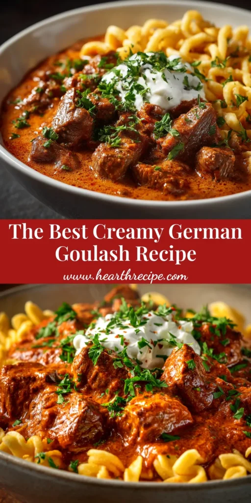 A close-up overhead shot of a bowl of Creamy German Goulash, showing tender beef chunks in a rich, paprika-colored sauce, garnished with fresh parsley.