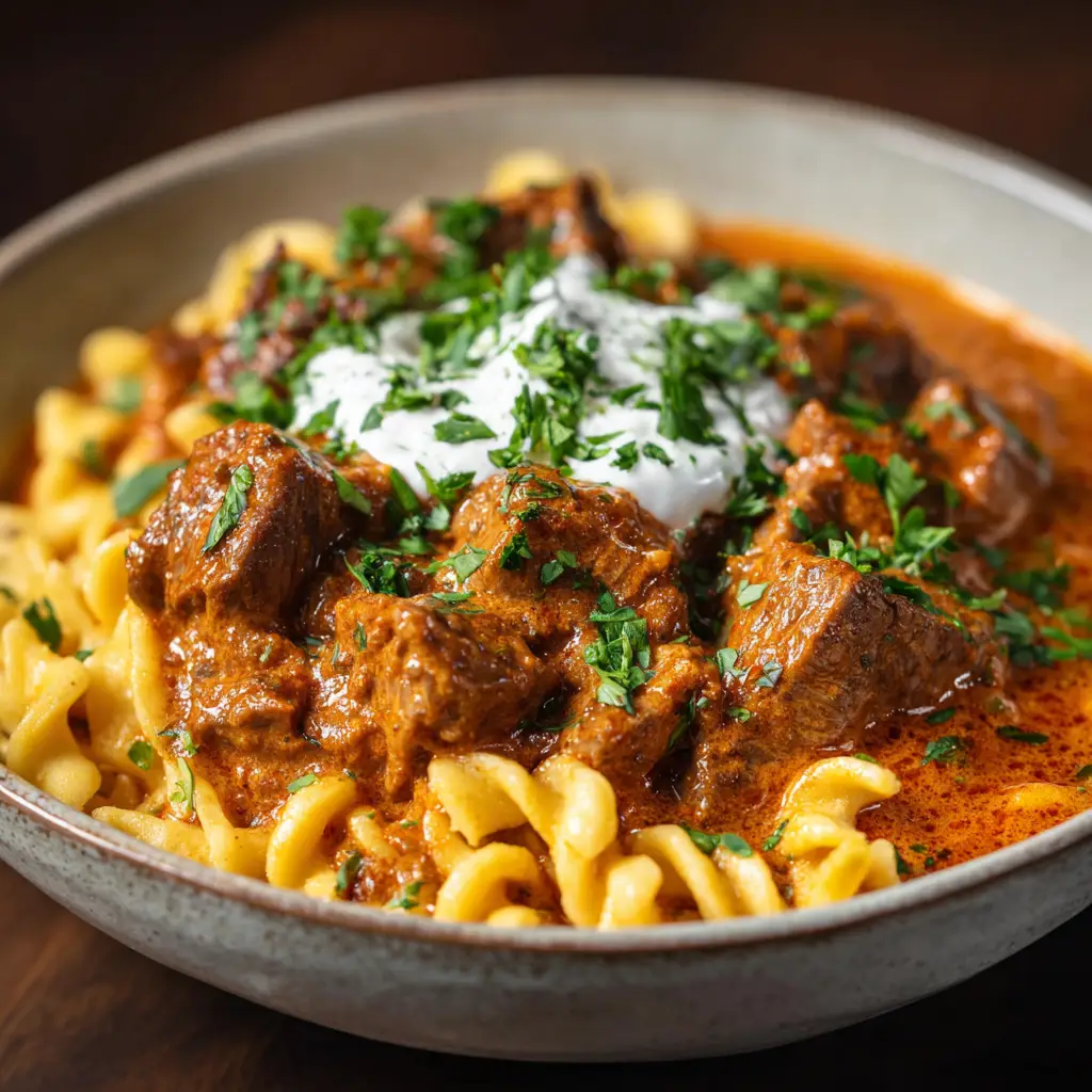 A spoonful of creamy paprika beef stew being lifted from a bowl, showing the luscious texture of the goulash.