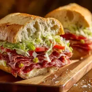A close-up shot of the grinder salad, with chopped lettuce, onions, and peppers tossed in a creamy Italian dressing, ready to be added to the sandwich.