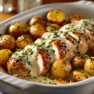 A close-up view of a serving of Creamy Herb Chicken, showing the texture of the juicy chicken and rich sauce, served alongside roasted potatoes.