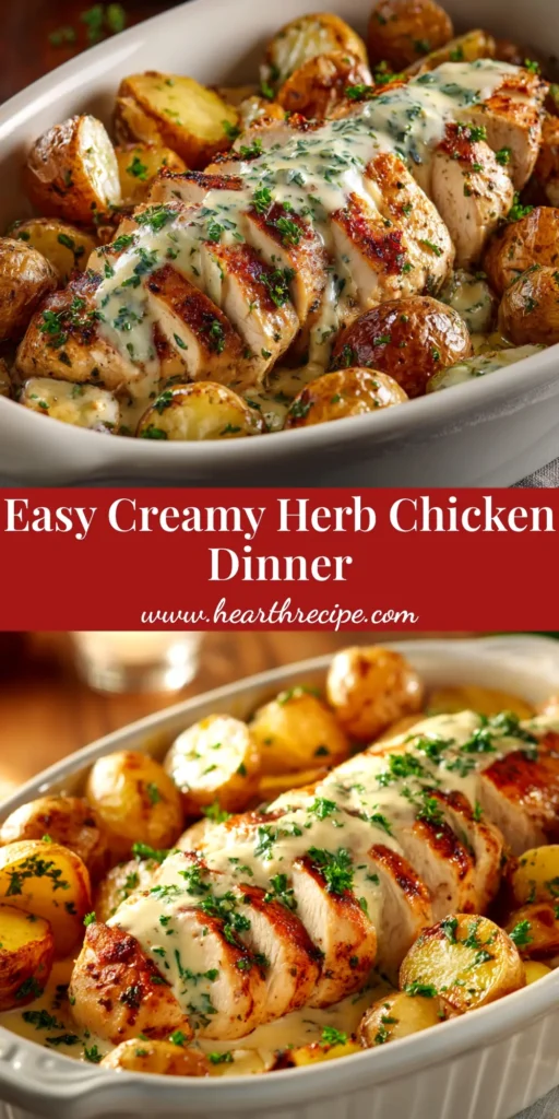 A skillet of delicious Creamy Herb Chicken, with chicken breasts smothered in a rich, velvety sauce and garnished with fresh parsley.