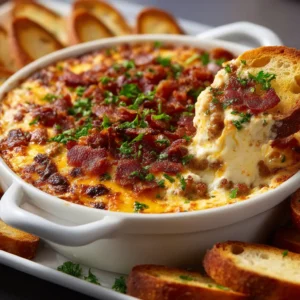 An extreme close-up shot of hot, creamy baked Hissy Fit Dip, showing its cheesy texture and savory sausage crumbles.