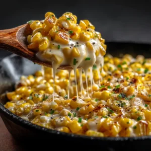 An extreme close-up macro shot of sweet corn kernels coated in a rich honey butter sauce, highlighting the creamy texture of the dish.