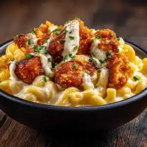 An extreme close-up shot of creamy honey pepper chicken mac and cheese in a black bowl, showing the texture of the cheese sauce and a piece of glazed chicken.