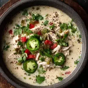 A close-up overhead shot of a thick and creamy jalapeño popper chicken soup in a white bowl, showing its rich texture.